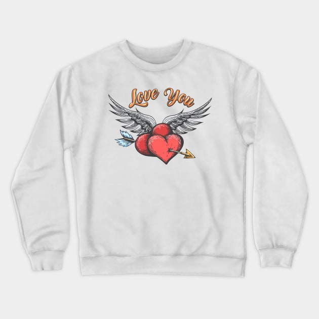 Winged Hearts Pierced by Arrow and lettering Love You drawn in tattoo style. Crewneck Sweatshirt by devaleta